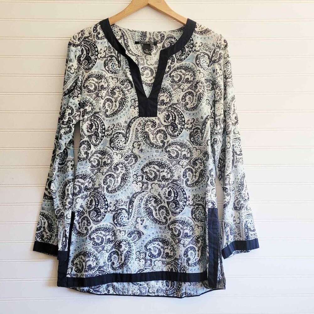 Lucky Brand Top Womens XS Blue Paisley Tunic Cotton Long Sleeve